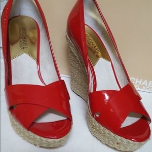 Michael Kors Patent Leather Shiny Red shoe espadrille wedges with peek a boo toe